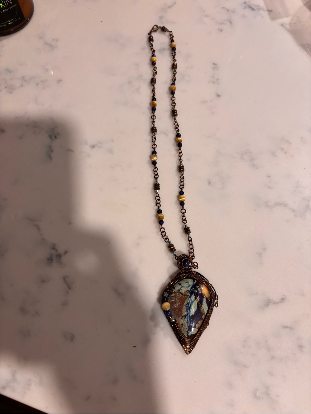 Handcrafted Blue and Yellow Glass Teardrop Pendant Necklace